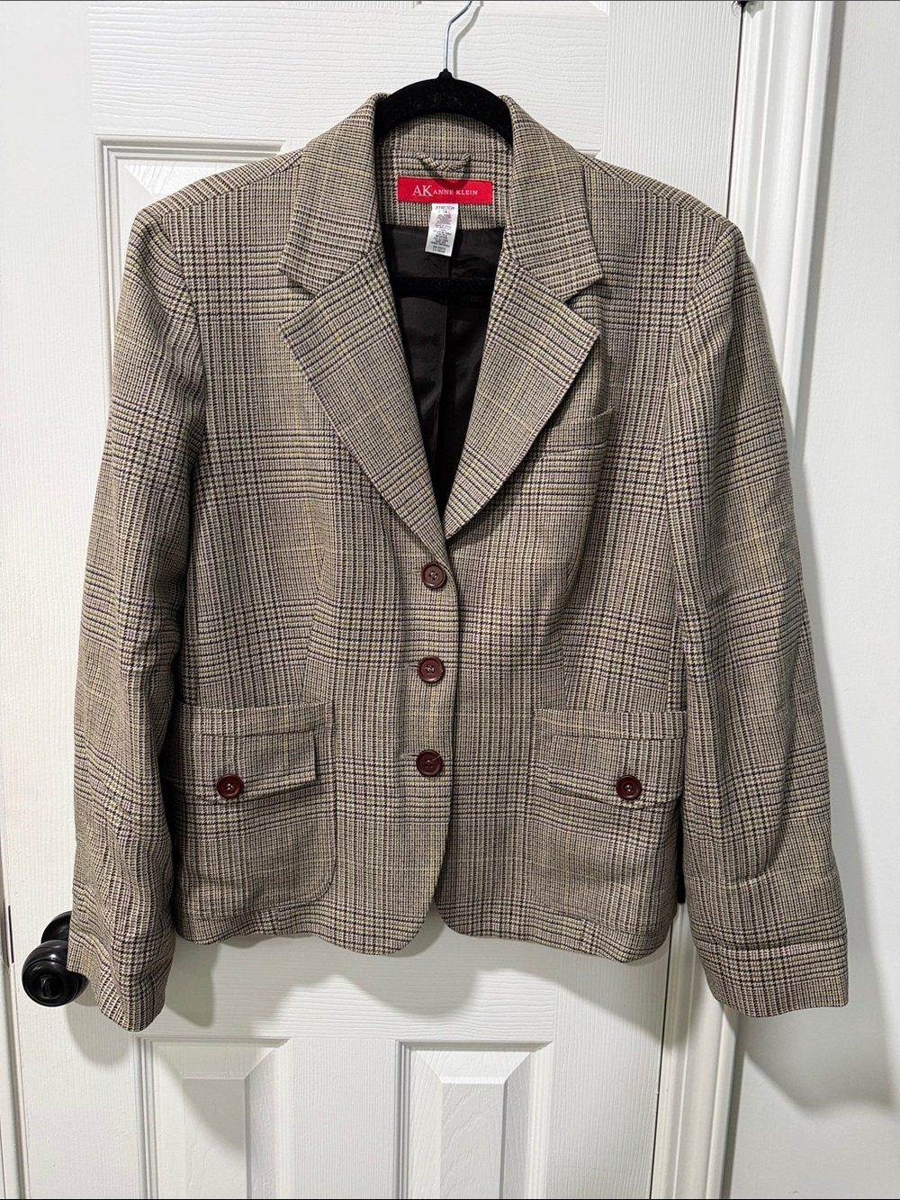 Anne Klein wool blend Taupe lavender and sage Plaid Blazer Jacket wood buttons